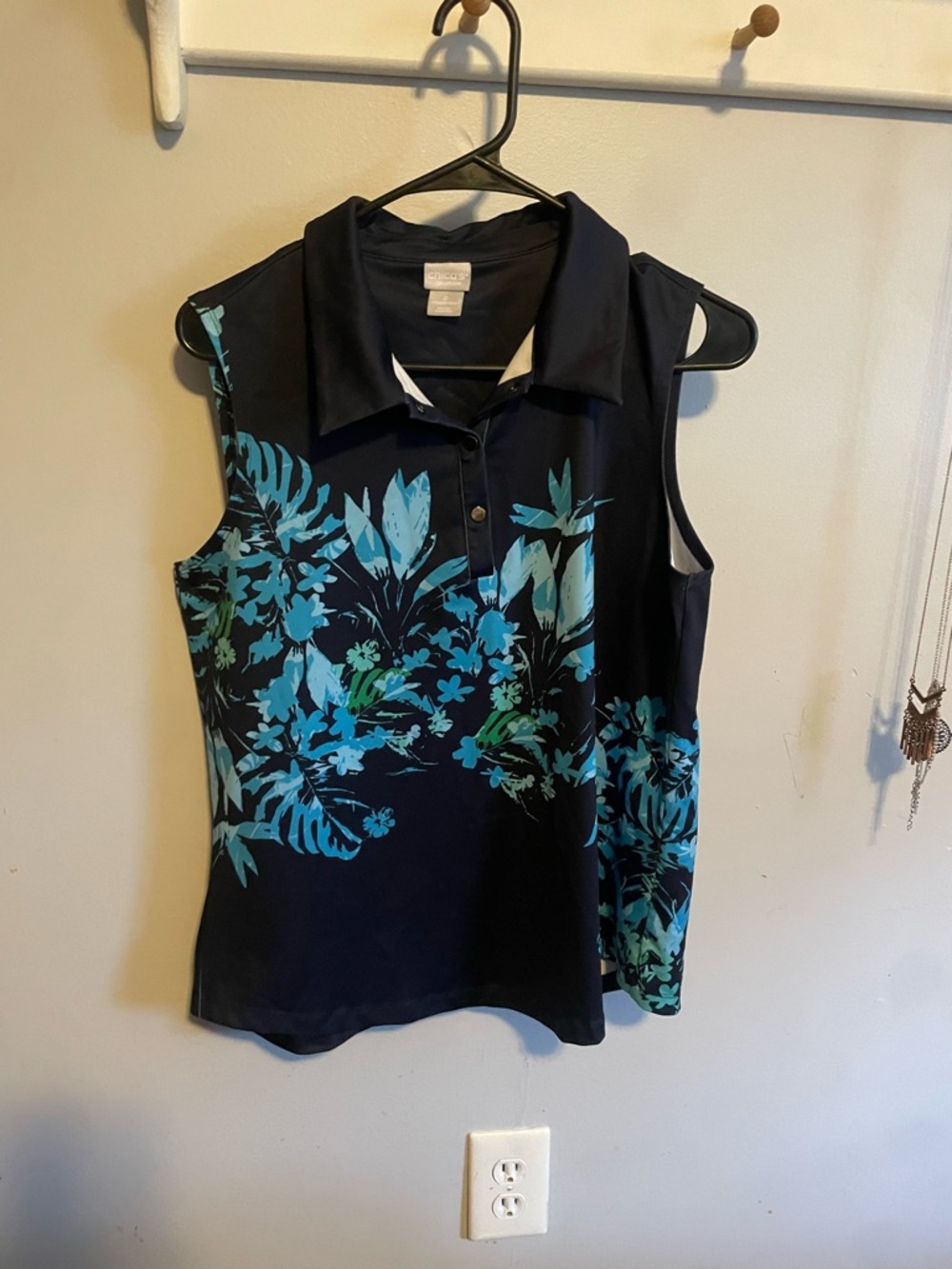 Chico's Navy Sleeveless Polo with Teal Floral Print